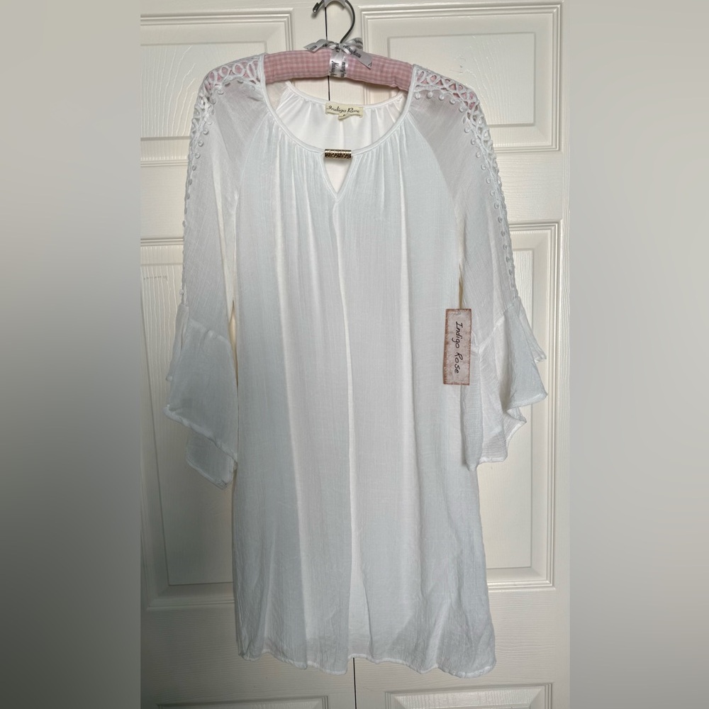 NWT Indigo Rose White Boho Peasant Dress with Crochet Trim Bell Sleeves-Size S
